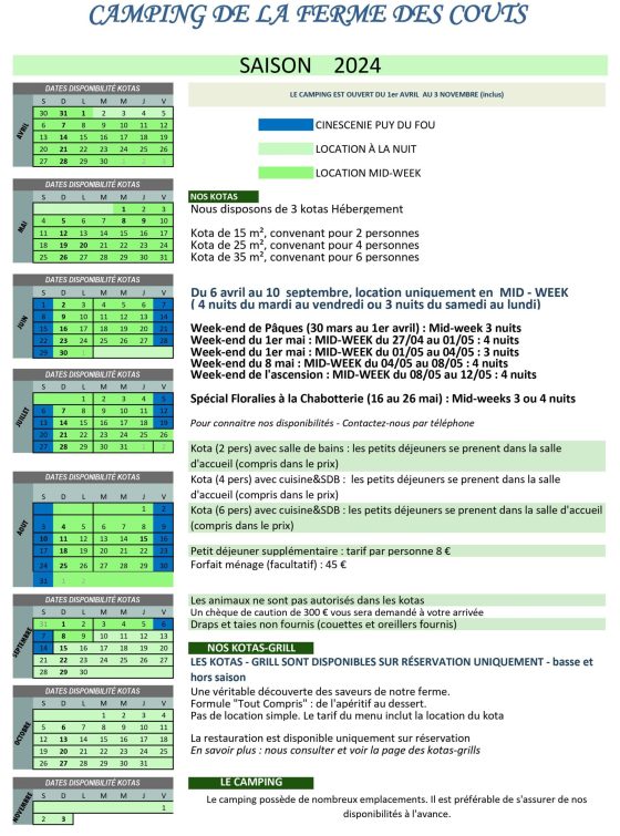 camping ferme des couts planning periode réservation 2024