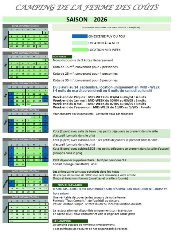 PLANNING 2026 réservations hebergements